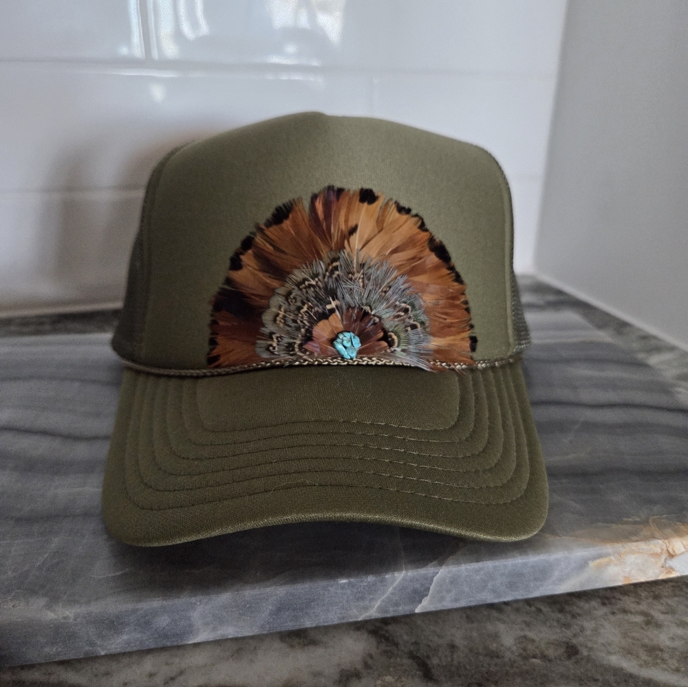 New Little Bird Trucking | Cherie Berry Trucker Hat | Olive Green | Feathers